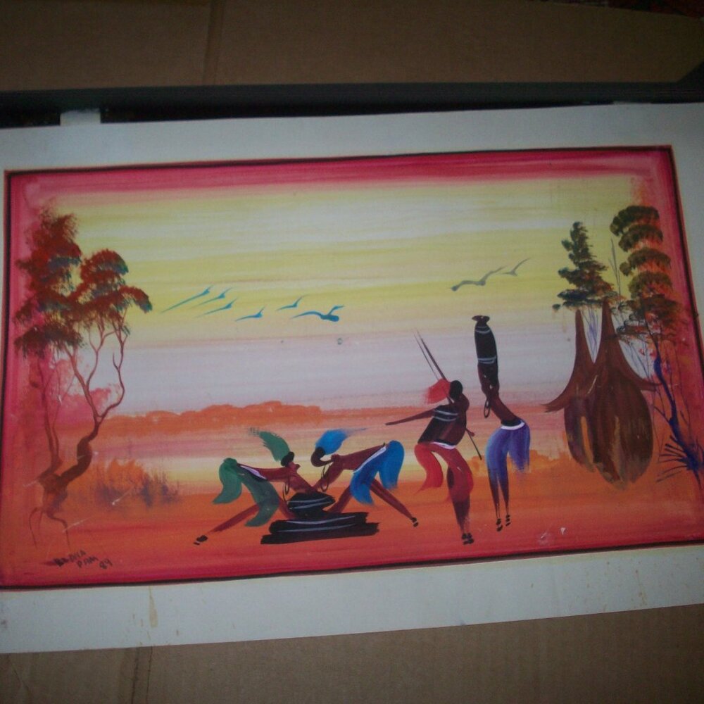 Original Painting African Savanah Stylized Women Artist Signed Badila Pam '89